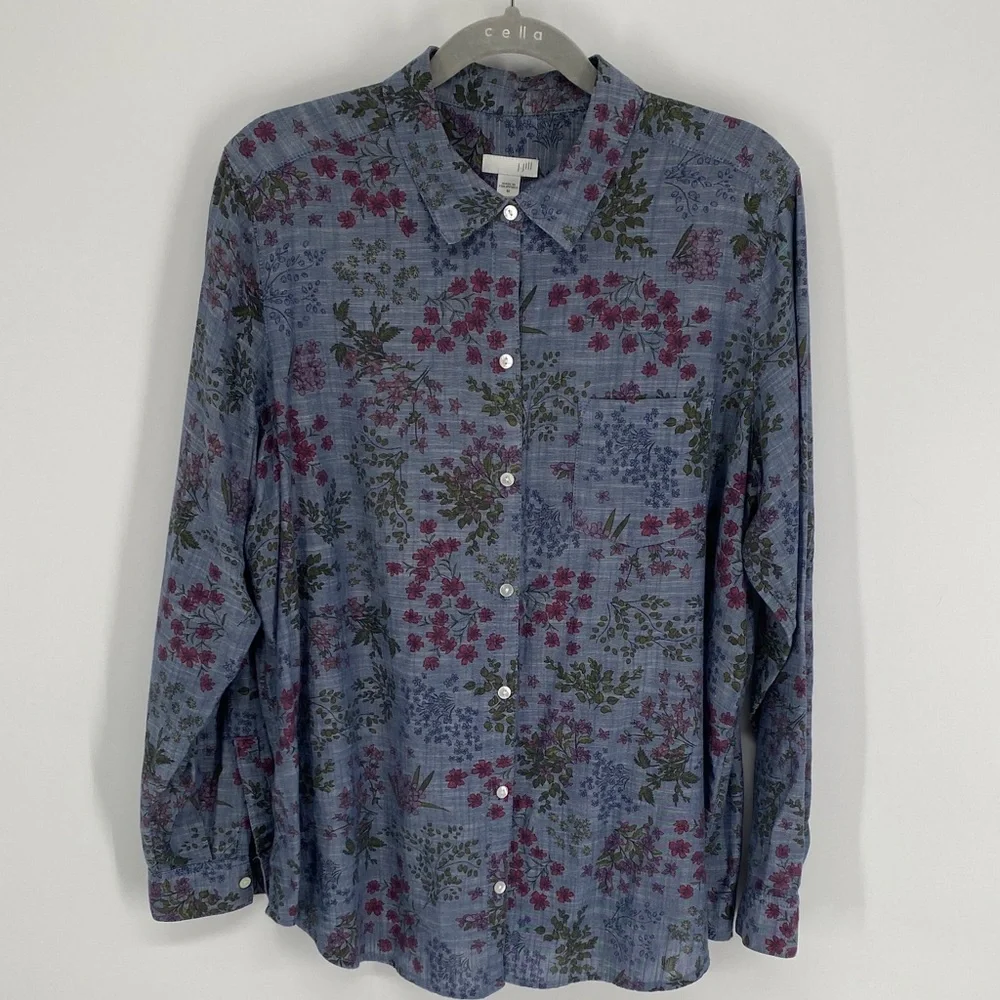 J. Jill Blue Floral Shirt 100% Cotton Size Medium - Picture 1 of 11
